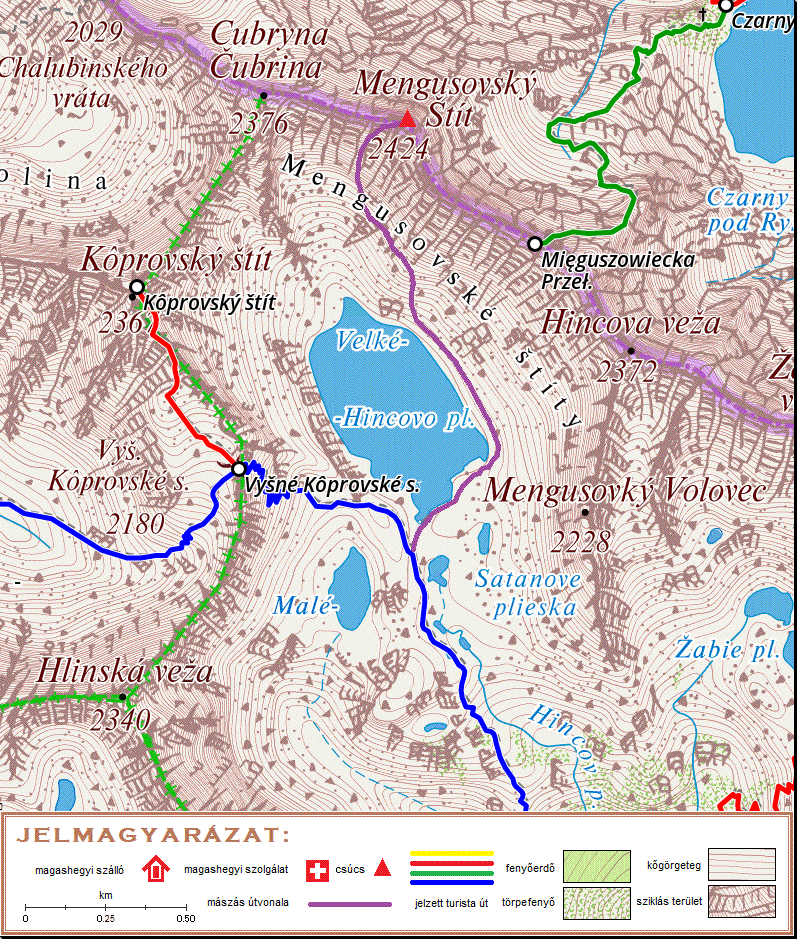 A Nagy-Menguszfalvi-cs�csra vezet� �tvonal t�rk�pszelv�nye.