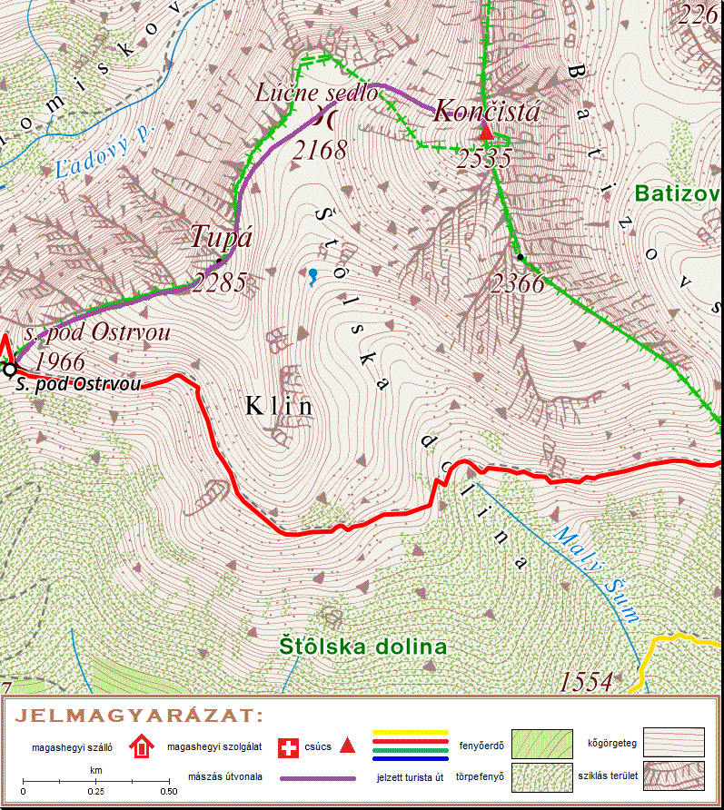 A Koncsiszt�ra vezet� �tvonal t�rk�pszelv�nye.